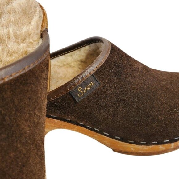 Sven Swedish Shearling Clogs Brown Suede Wood Sole Slip-On Mules 36 - Picture 2 of 10